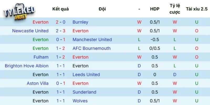 Kết quả tranh tài gần đây của Everton