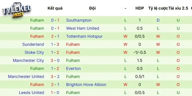 Thành tích thi đấu mới nhất của Fulham
