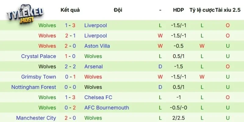 Thành tích gần đây của Wolves