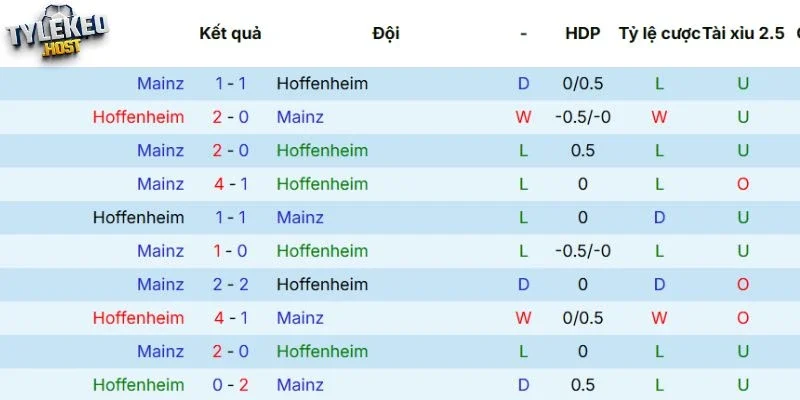 Kết quả đối đầu giữa Hoffenheim vs Mainz